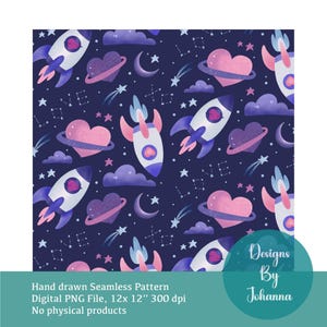 Op de afbeelding: Digitaal naadloos patroon met raketten, planeten, harten, sterren en wolken in roze, paars en wit op een donkerblauwe achtergrond. Het ontwerp bevat het woord "LOVE". Digitale PNG-bestand.