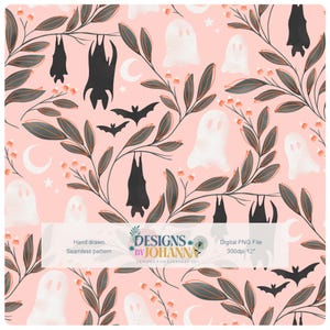 Ghostly Garden Seamless Pattern | Pink Halloween Fabric Design | Spooky Ghost Botanical Pattern | Cute Halloween Digital Paper
