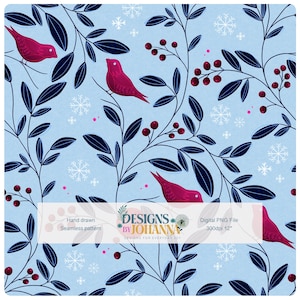 Winter Cardinal Grove Seamless Pattern | Christmas Cardinal Bird Fabric Design | Navy Blue Hot Pink Winter Berries Snowflake Digital Paper