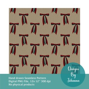 Op de afbeelding: Een naadloos patroon met herhaalde rode, teal en witte strikken op een beige achtergrond. De strikken zijn gelijkmatig verdeeld en vormen een decoratief ontwerp. De tekst "Hand drawn Seamless Pattern" en "Designs By Johanna" is inbegrepen.