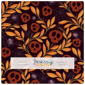 Botanical Skull & Web seamless pattern |  Halloween Skull SpiderWeb Digital Download PNG | Seamless Design 12×12" 300 dpi