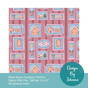 Op de afbeelding: Een digitaal naadloos patroon met peperkoekhuisjes, peperkoekmannetjes, rendieren en sterren in verschillende kaders. Het ontwerp is geplaatst op een roze gestreepte achtergrond met sneeuwvlokken. De tekst "Hand drawn Seamless Pattern" is zichtbaar.