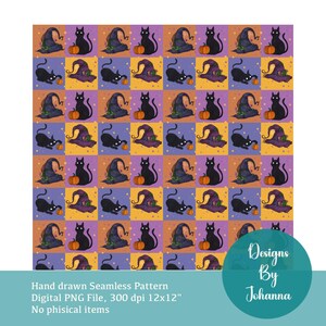Op de afbeelding: Een herhalend patroon met Halloween-thema's. Het ontwerp bevat zwarte katten, heksenhoeden en pompoenen op een dambordachtergrond van paarse, oranje en gele vierkanten. De afbeelding bevat ook de tekst "Designs By Johanna".