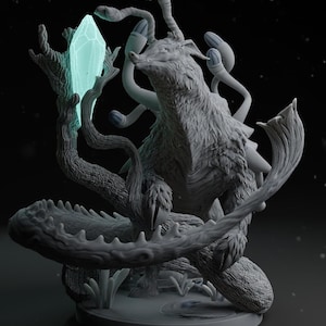 May include: A detailed, gray fantasy sculpture of a creature with a wolf-like head, fur, and multiple tendrils. It holds a glowing, light blue crystal. The sculpture is set on a round base with a log and plant details.