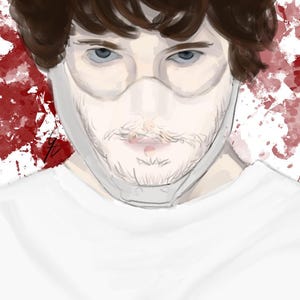 Puede incluir: Retrato de arte digital de una persona con ojos azules, cabello castaño y barba clara. La persona lleva gafas y una camiseta blanca. Salpicaduras de pintura roja en el fondo.