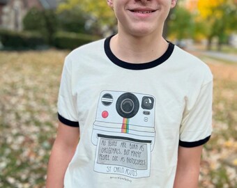 Born an Original, Don’t Die a Photocopy Retro Ringer T-Shirt | St. Carlo Acutis Catholic Graphic Tee | Vintage Christian Shirt