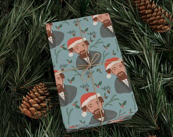 Charles Dickens Christmas Wrapping Paper // Dickens in a Santa Hat // various sizes // teal background