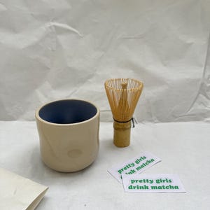 handmade ceramic matcha mug set / Handmade mug with fingershaped indents and bamboo whisk