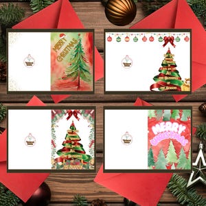 Paquete de 4: juego de tarjetas con forma de árbol de Navidad, tarjetas festivas con texto interior y diseños impresionantes, tarjetas de felicitación, alegría navideña, tarjetas navideñas