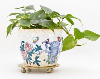 Porcelain Planter Bird Butterfly Floral Farmhouse Flower Pot 4 Inch Nursery Pot