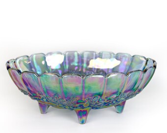 Indiana Carnival Glass Harvest Grape Bowl Blue 12 Inch Iridescent