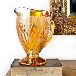 Vintage Peach Carnival Glass Pitcher, Iridescent Glass Pitcher, Iris Design