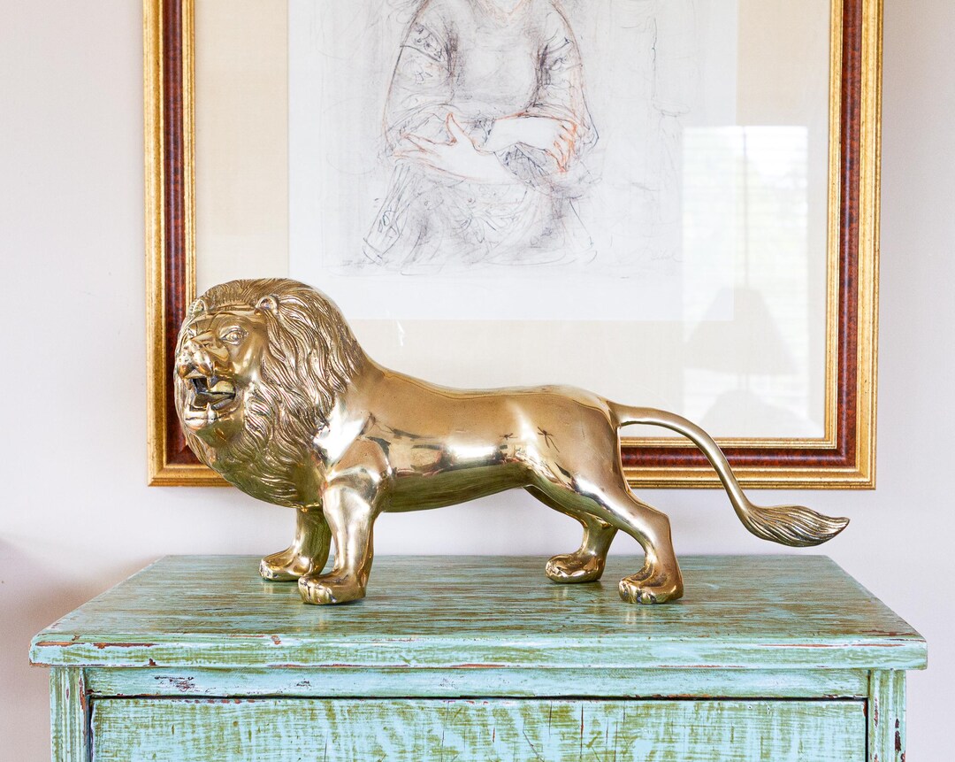 Large Midcentury Brass Lion Statue, Vintage Animal Sculpture, Statement ...