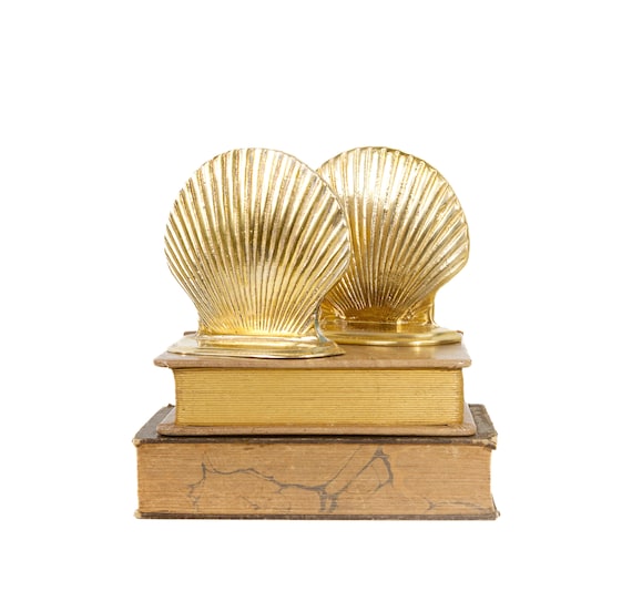 Vintage Brass Scallop Sea Shell Bookend Pair, Coastal Décor, Beach