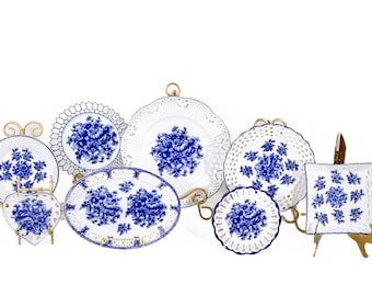 Vintage Blue and White Porcelain Plate Set of 8 Pierced Gallery Wall