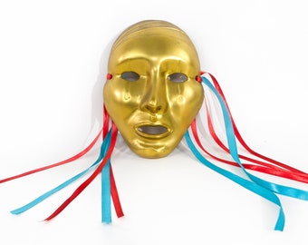 Brass Venetian Theater Mask Gold Tears Ribbons 7 Inch