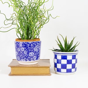 May include: Two decorative ceramic planters with plants. One planter is blue with a white floral pattern, and the other is blue and white checkered. The blue floral planter sits on a vintage book.