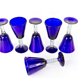 Cobalt Blue Wine Glasses with Pale Green Stems Set of Six, Handblown Artisan Glassware