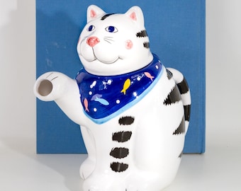 Vintage Ceramic Cat Teapot White Black Fish Bandana