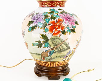 Large Vintage Chinoiserie Porcelain Table Lamp Hand-Painted