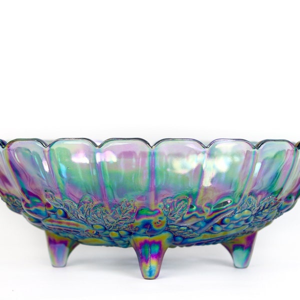 Blue iridescent carnival glass fruit bowl