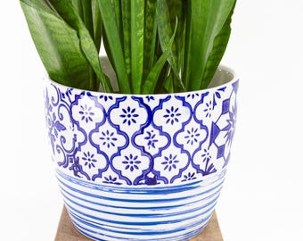 Blue White Ceramic Planter Cachepot Tile Stripe 8.5 Inch Wide