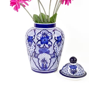 Large Blue and White Ginger Jar, Floral & Geometric Motif