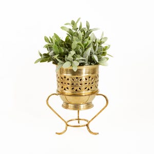 May include: A gold-colored metal planter with a perforated floral pattern around the upper rim, supported by a three-legged stand with curved supports. A small green plant with numerous oval-shaped leaves is potted inside the metal container.
