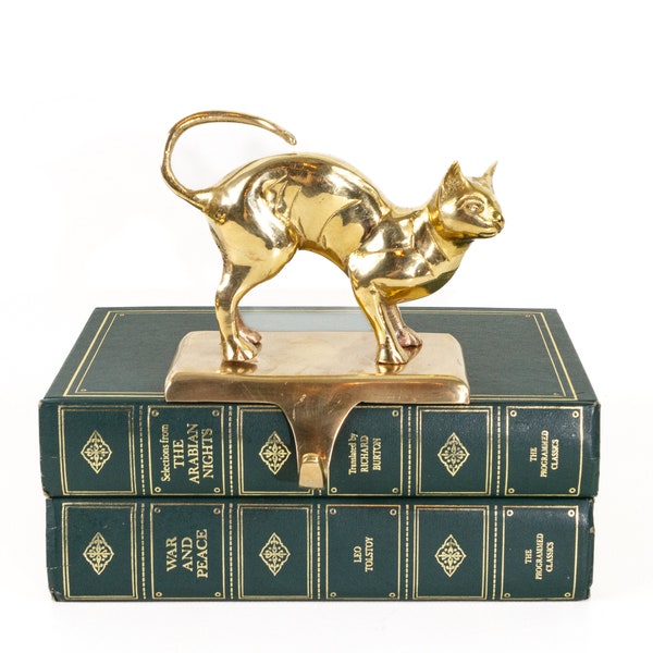 Vintage brass cat stocking holder, Christmas mantel decor