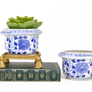 Small blue and white chinoiserie succulent planter pot set of two