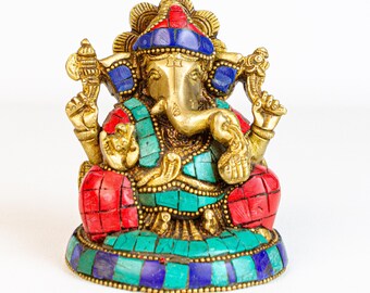 Brass Ganesha Statue Mosaic Inlay 4 Inch