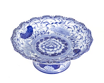 Blue White Porcelain Lotus Pedestal Bowl 14 Inch