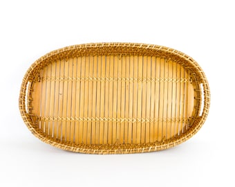 Oval Bamboo Serving Tray Woven Handles 16.75 Inch