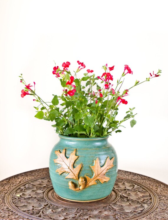 Studio Pottery Moss Green Vase Planter Artisan Made Oak Leaf Etsy