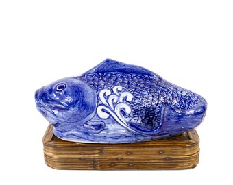 Blue White Porcelain Koi Figurine 11.5 Inch