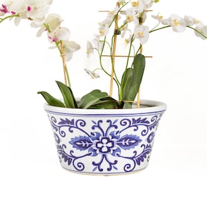 Large Oval Porcelain Planter, Blue White Chinoiserie Pot 14 Inch
