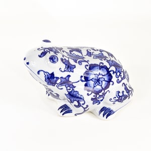 Blue White Porcelain Frog Chinoiserie Floral Large Ceramic Toad Boho Decor Gift