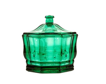 Vintage Emerald Green Glass Octagon Lidded Dish