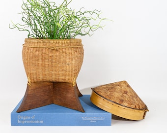 Woven Wicker Basket Wood Stand Conical Lid