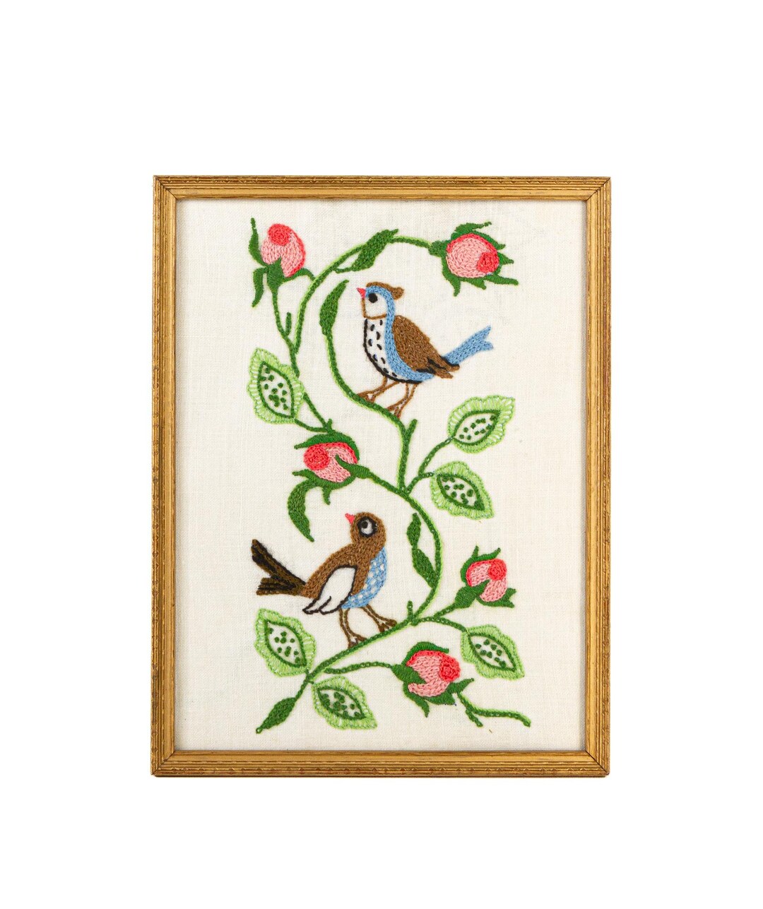 Vintage Framed Crewel Embroidery of Lovebirds on Rose Bush for Romantic ...