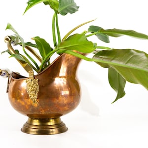 May include: A polished copper coal scuttle with a brass pedestal base and a hinged handle featuring a white ceramic grip with blue floral accents. A decorative brass lion head mount connects the handle to the body, containing a green plant.