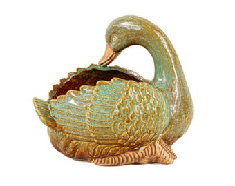 Vintage Majolica Style Duck Planter Sage Green
