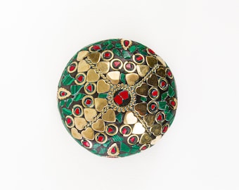 Indian Brass Inlay Trinket Box Velvet 2.25 Inch