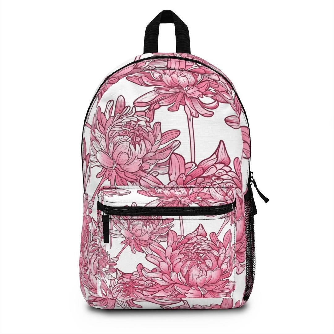 Sticker Rucksack Pink Hot Pink Floral Print Backpack, White Flower Pattern Travel Rucksack - Etsy
