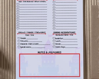 Planificador diario de parques Disney para imprimir / Hoja de itinerario de vacaciones / Organizador de viaje Disney en PDF