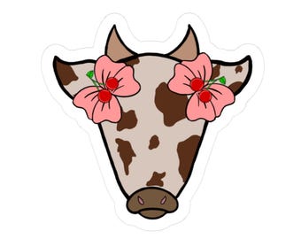 Pegatina troquelada de vaca cereza: calcomanía para portátil de estilo rústico