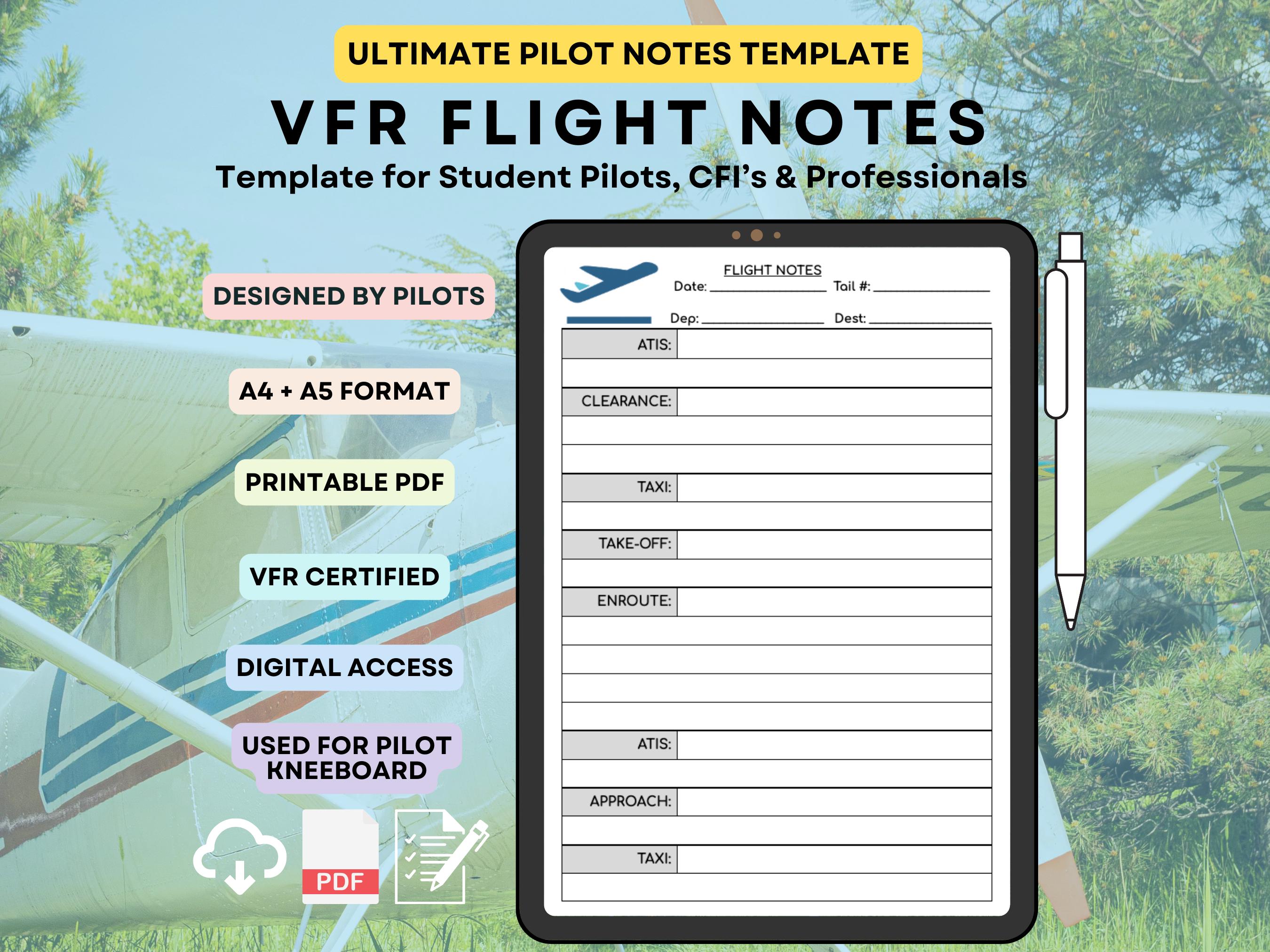 VFR Pilot Flight Lesson Notes Pad Template Aviation Sheet for Student ...