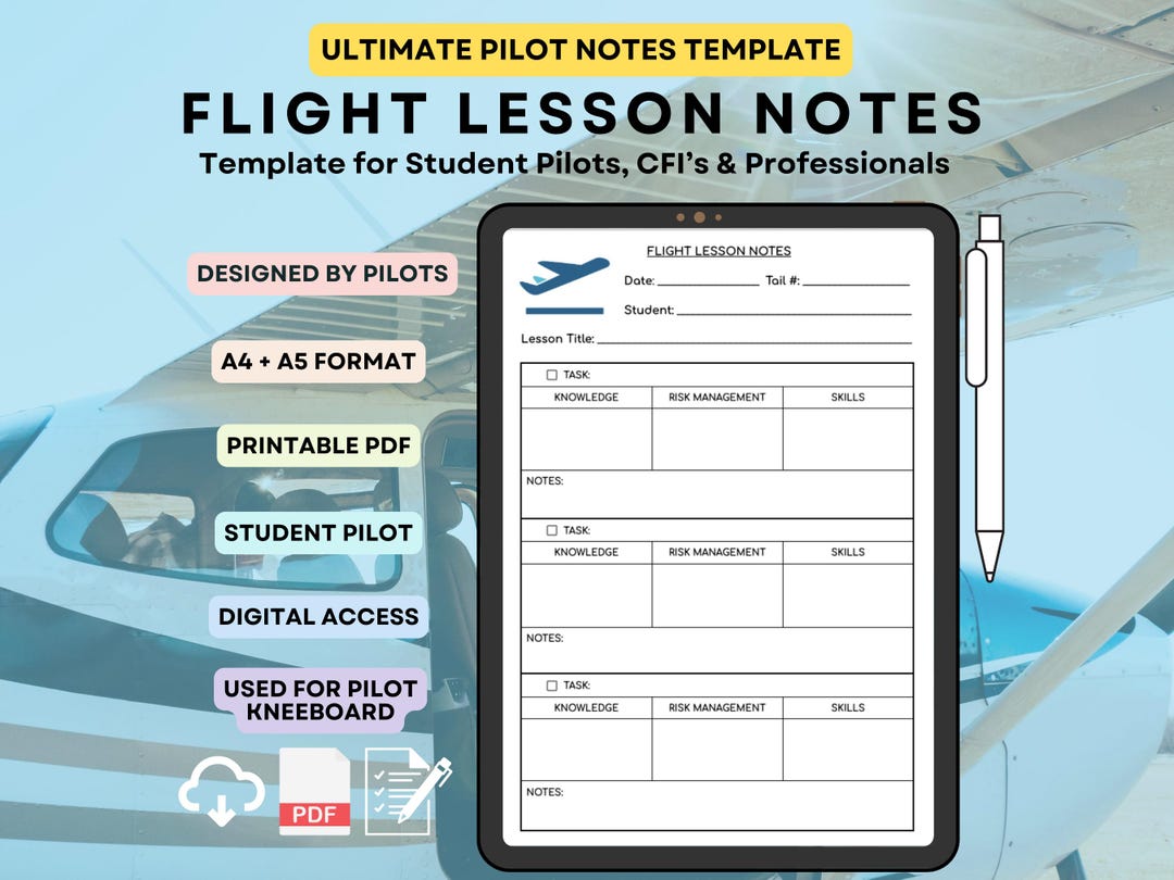 Pilot Flight Lesson Notes Pad Template Aviation Sheet for PPL Student ...
