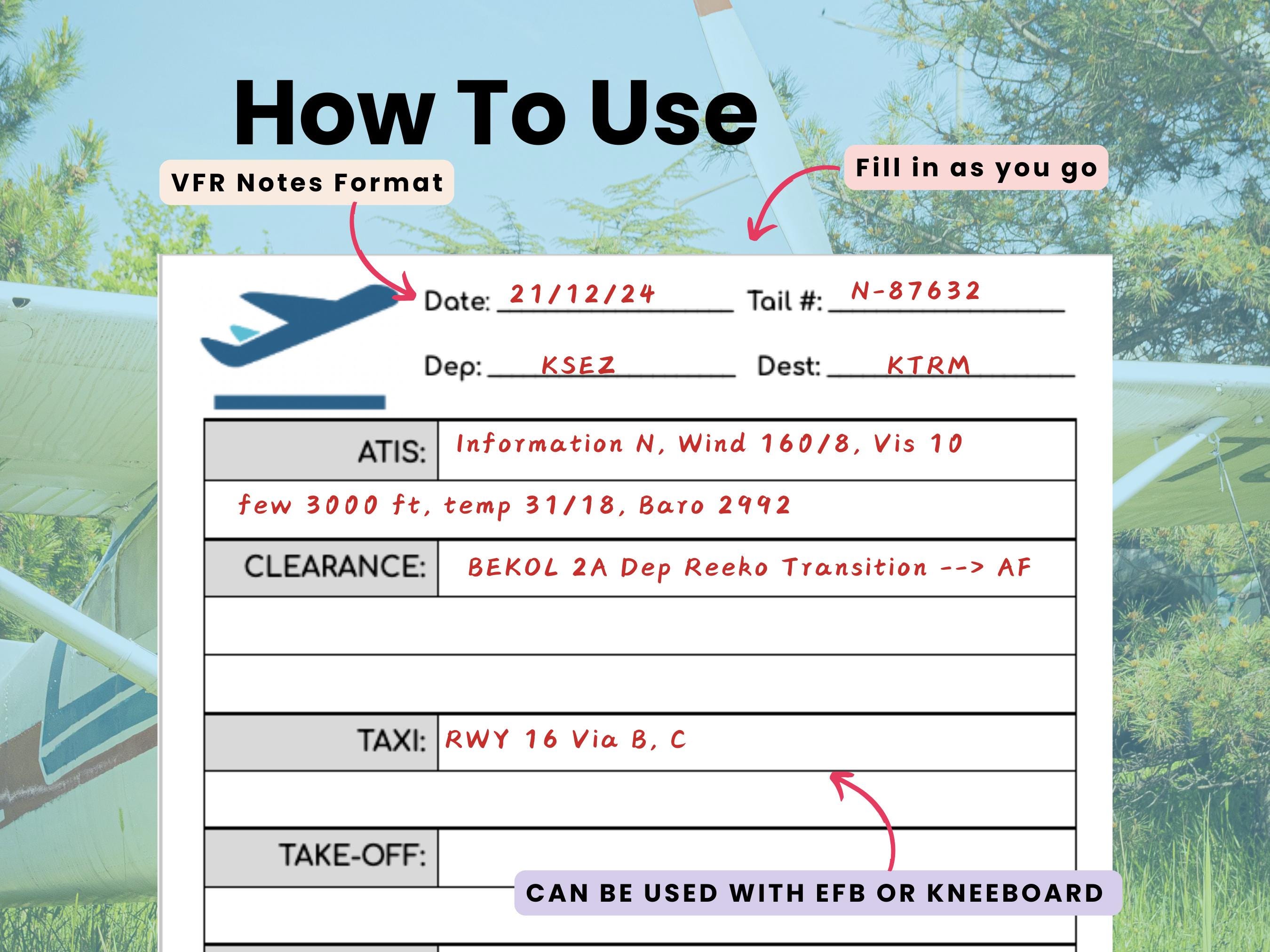 VFR Pilot Flight Lesson Notes Pad Template Aviation Sheet for Student ...
