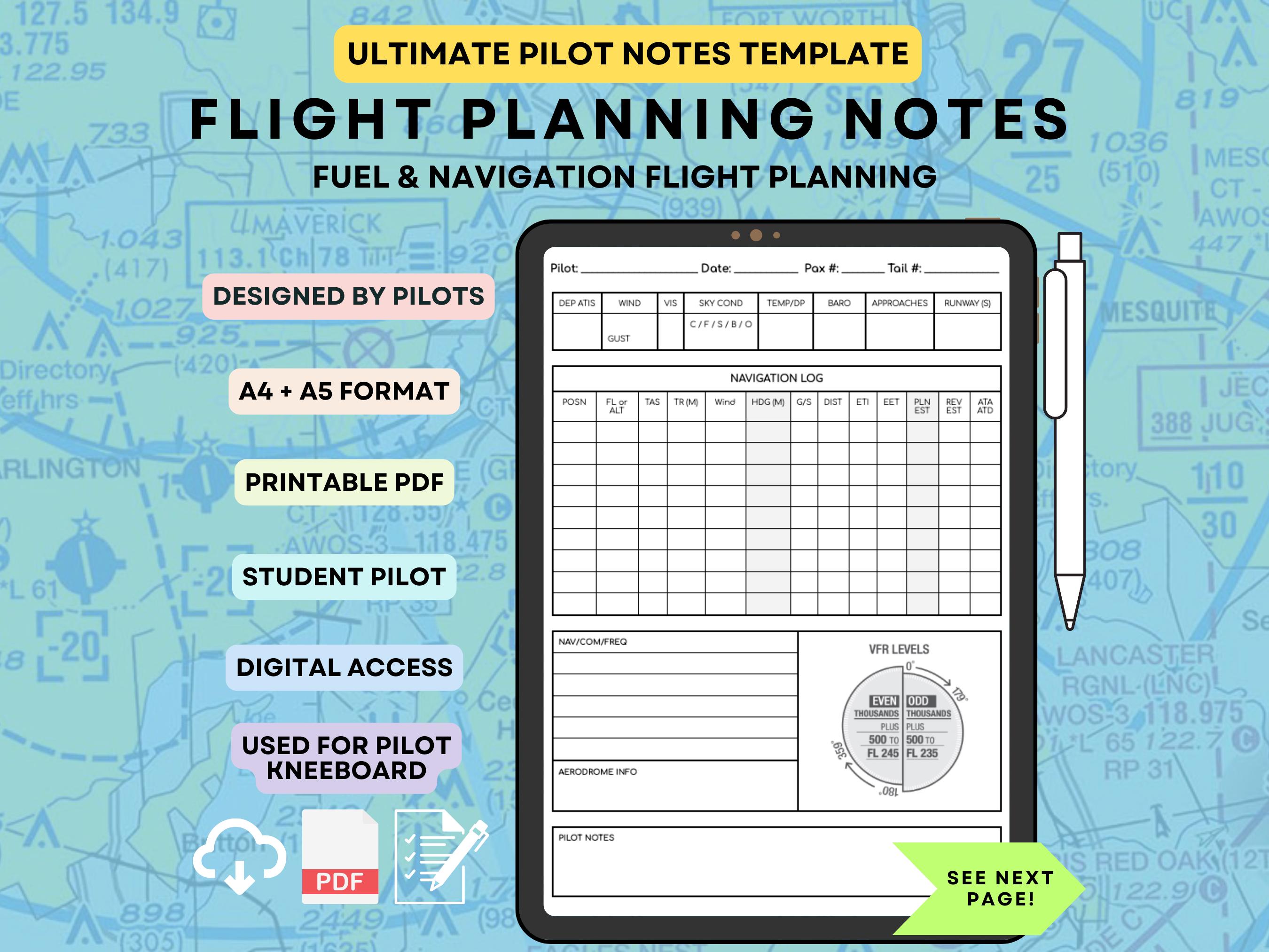 Pilot Flight Planning Notes Template: Fuel & Navigation (digital ...